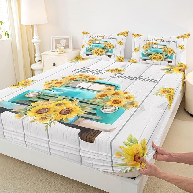Sunflower Kids Full Size Fitted Sheet,Truck Flower Wooden Natural Room Decor,Floral Rustic Farmhouse Boys Girls Bed Sheets,White Yellow Bedding Set,2 Pillowcases(No Flat)