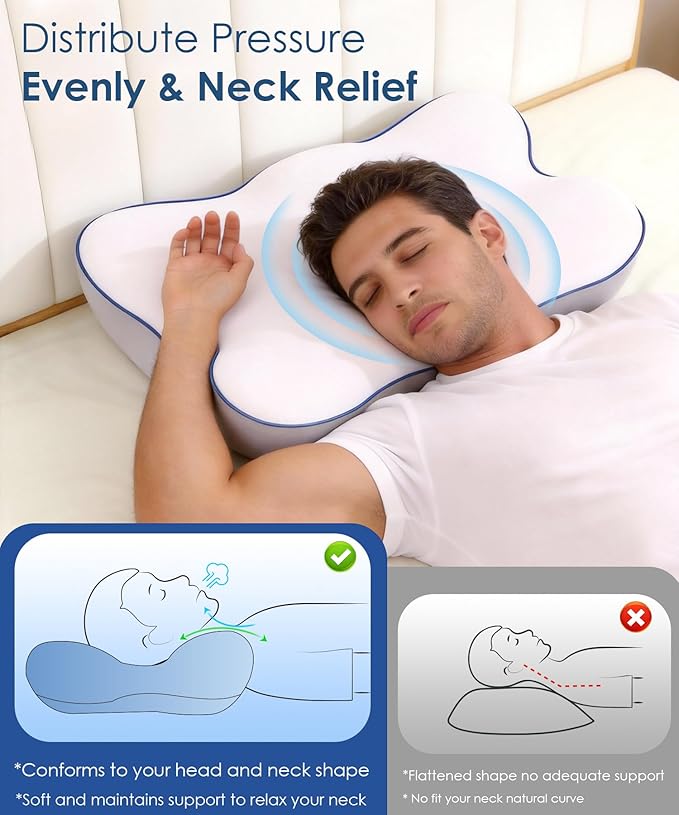 Cervical Neck Pillow for Pain Relief, Ergonomic Side Sleeper Pillow for Neck Support, Cooling Memory Foam Pillows Contour Orthopedic Bed Pillow for Back Stomach Sleepers (White)