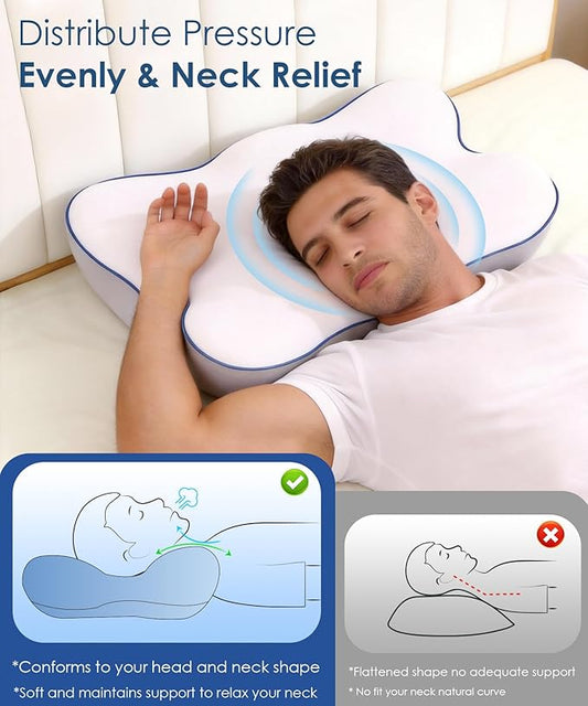 Cervical Neck Pillow for Pain Relief, Ergonomic Side Sleeper Pillow for Neck Support, Cooling Memory Foam Pillows Contour Orthopedic Bed Pillow for Back Stomach Sleepers (White)
