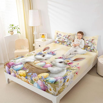 Spring Easter Bed Sheet Full Size Easter Egg Cute Rabbit Bedding Set Floral Spring Flowers Fitted Sheet Kids Boys Girls Room Decor Yellow Colorful Soft Sheets with 2 Pillowcase,No Top Flat