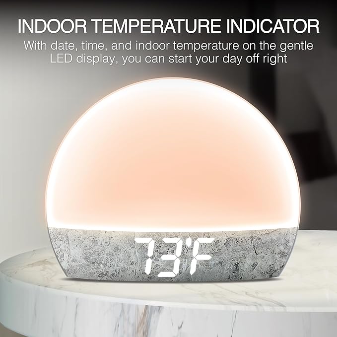 Swissbrand Sunrise Alarm Clock with Multicolor LED Light, USB Charging & Indoor Temperature – Concrete-Print Digital Clock for Bedroom Nightstand