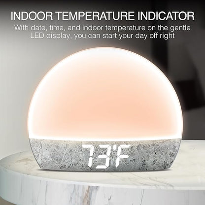 Swissbrand Sunrise Alarm Clock with Multicolor LED Light, USB Charging & Indoor Temperature – Concrete-Print Digital Clock for Bedroom Nightstand