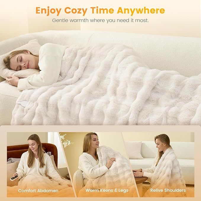 Amélie Home Heated Bubble Faux Fur Blanket Electric - 50"x60" Heating Blanket Throw 2/4/6/8 Hours Auto-Off 8 Heat Level Over-Heat Protection Electric ETL Certification Beige/Off White