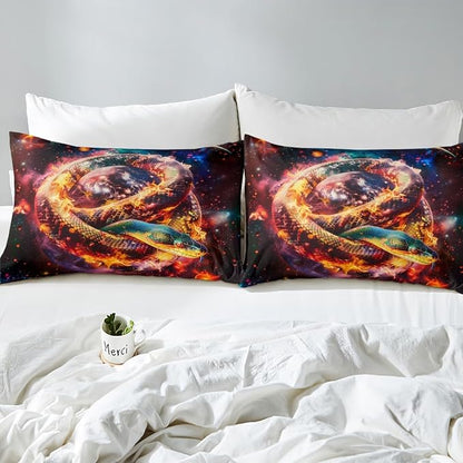 Reptile Snake Fitted Sheet Queen Size,Stars Galaxy Nebula Planets Outer Space Mystical Bedding Set,Boys Girls Room Decor,Noble Animals Flame Trippy Bed Cover,Gothic Bed Sheet,2 Pillowcases