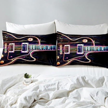 Manfei Guitar Kids Sheet Set Queen Size, Rock Music Theme Bedding Set for Boys Girls Teens Bedroom Decor, Musical Instrument Hip-Hop Bed Sheet Set 4pcs (Fitted Sheet, Flat Sheet, 2 Pillowcases)
