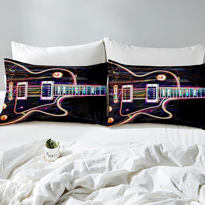Manfei Guitar Kids Sheet Set King Size, Rock Music Theme Bedding Set for Boys Girls Teens Bedroom Decor, Musical Instrument Hip-Hop Bed Sheet Set 4pcs (Fitted Sheet, Flat Sheet, 2 Pillowcases)