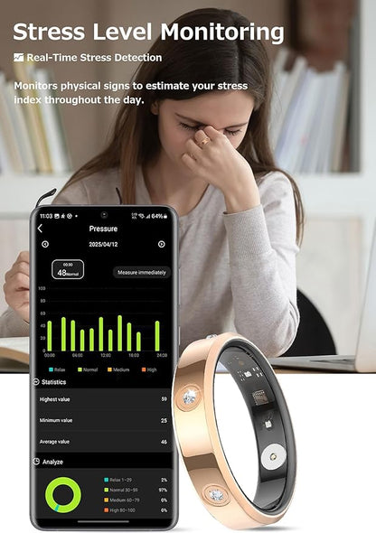 Ladies Smart Ring for Women Health Ring Heart Rate Monitor Sleep Tracker Fitness Tracker Calories Step Counter Pedometer Gesture Control Waterproof Compatible with iOS Android Phones Elegant Ring