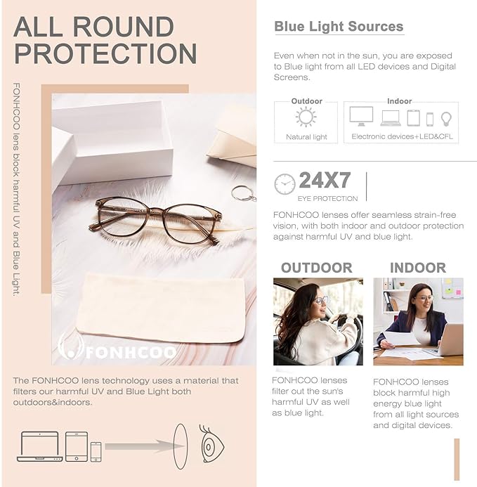 FONHCOO Blue Light Blocking Glasses Women Men TR90 Round Computer Eyeglasses (Coffee)