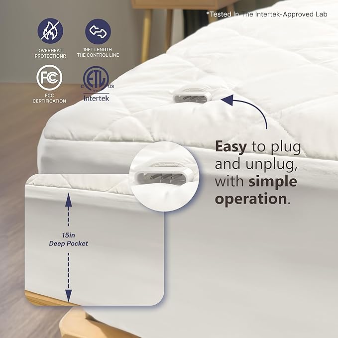 Electric Mattress Pad Full Size Quilted Wave 10 Heat Settings with 12 Hour Auto Off, Deep Pocket Fits up to 15", Microfiber Bed Warmer, ETL Certified Machine Washable, 54"x75"