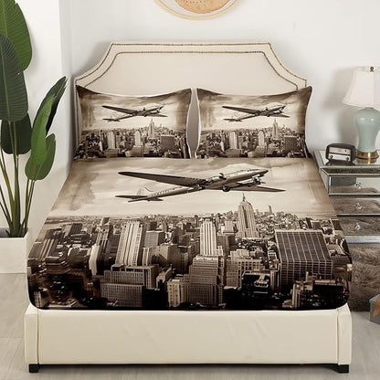 Airplane Kids Fitted Sheet Twin Size,High Building Modern Fashion Bedding Set,Boys Girls Room Decor,3D Flying Aviation Aircraft Bed Cover,Brown Retro Bed Sheet,1 Pillowcase