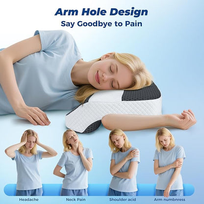 SAHEYER Side Sleeper Pillow with Arm Holes, 2 in 1 Shoulder Relief System for Rotator Cuff Pain, Memory Foam Pillow for Adults with 3 Arm Place Hole, Dark Black