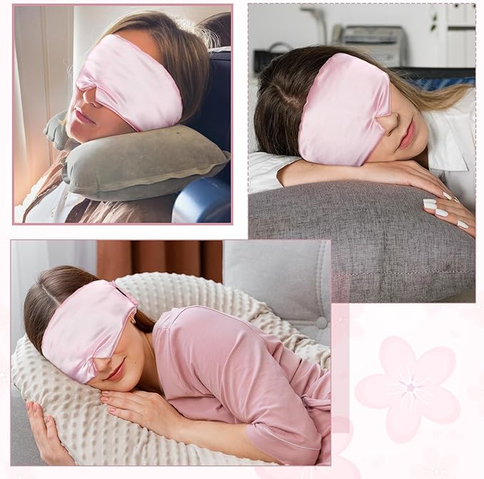 Silk Sleep Mask for Women Men, Soft Eye Mask for Side Sleepers Large Blackout Sleeping Masks with Adjustable Band Silk Eye Cover for Sleeping Travel Yoga Nap, Pink