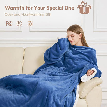 Heated Blanket, 55"×80" Wearable Electric Blanket with Sleeves, Sherpa Snuggle Throw Blanket, Warm Gift for Grandma, Mom, Dad, (Navy)
