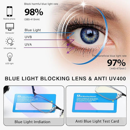 for Men Blue Light Blocking Reading Glasses, Half Frame Metal Readers with Spring Hinge, 3-Pack