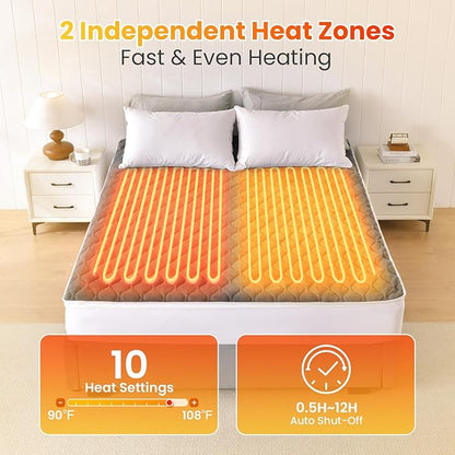 WOOMER Heated Mattress Pad King Dual Control - 78"x80" Electric Mattress Pad, 1-10 Heat Settings, 0.5-12H Auto Shut-Off, Removable Velvet Cover, 18" Deep Pocket, ETL Certified, Grey