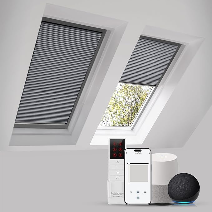 ZSTARR Motorized Skylight Shades Blackout Cellular Honeycomb Electric Blinds with Solar Panel Cordless Rechargeable with Remote for Roof and Slanted Windows Custom Size (Black Out Deep Grey)