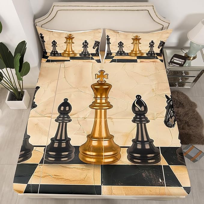 International Chess Fitted Sheet Set with 2 Pillowcase,Vintage Chess Sports Game Theme Bed Sheet Teens,Retro Brown Black Checker Grids Marble Print Top Flat Sheet Luxury Microfiber,Queen Size