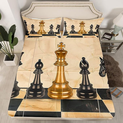 International Chess Bed Sheet 4 Piece,Vintage Chess Sports Game Theme Sheets Full Size Bed Set,Retro Brown Black Checker Grids Marble Print Bedding Set with Flat,Fitted Sheet,2 Pillow Cases