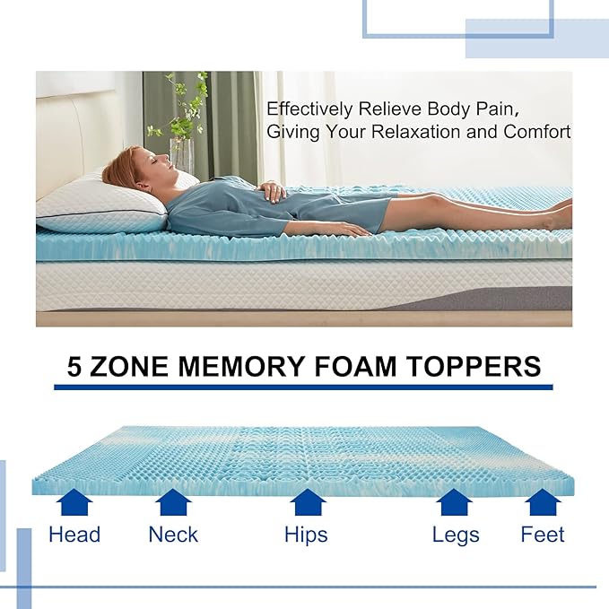 SINWEEK 3 Inch Mattress Topper 5-Zone Memory Foam Mattress Topper Pressure Relieve Soft Mattress Pad, CertiPUR-US Certified, Queen Size Blue