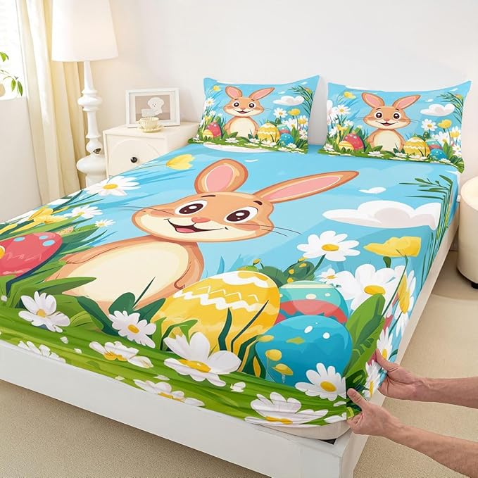 Happy Easter Bed Sheet Queen Size Cartoon Rabbit Spring Flowers Bedding Set Easter Egg Kawaii Animal Fitted Sheet Kids Boys Girls Room Decor Blue Colorful Soft Sheets with 2 Pillowcase,No Top Flat