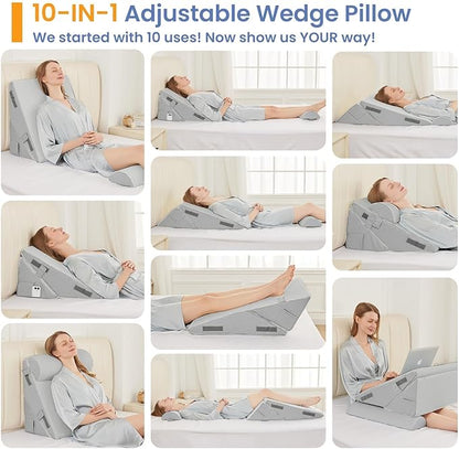 Sasttie Wedge Pillow Set for After Surgery, 2PCS Adjustable Bed Wedge Pillow Headboard with Memory Foam Neck Cushion – for Acid Reflux, Sleeping, Neck & Back Support, Light Grey