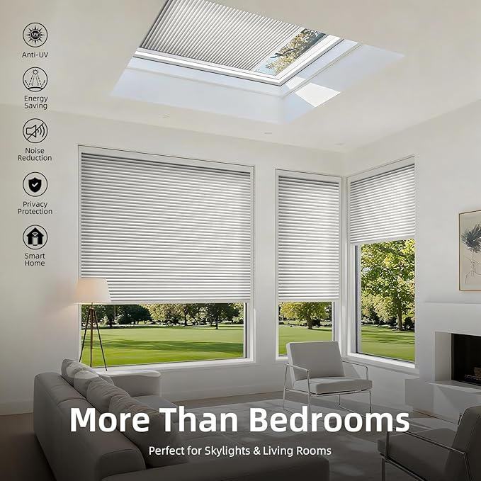 ZSTARR Motorized Skylight Shades Blackout Cellular Honeycomb Electric Blinds with Solar Panel Cordless Rechargeable with Remote for Roof and Slanted Windows Custom Size (LF Printed Greyscale)