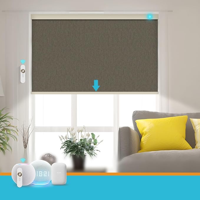 Motorized Blinds with Remote, Smart Blind Roller Shades Compatible with Alexa, Rechargeable Battery Solar Power Electric Window Blinds Motorized Shades Customized Size (Luxury-Light Brown)