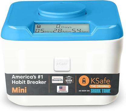 KSafe Timer Lock Box for Phones, Snacks & Medications - Cell Phone Jail & Food Safe with Timer - Time Locking Container for Better Habits & Addiction Management (Mini, Blue Lid + 3.0” White Base)