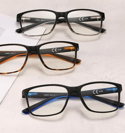 JJWELL 3 Pack Reading Glasses for Men Blue Light Blocking with Spring Hinge, Anti Eyestrain/Dryness/UV Large Wide Square Readers for Men, Two Tone Computer Reader Glasses Eyeglass(2.0 Strength)