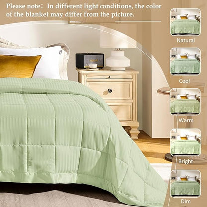 downluxe Queen Size Blanket with Satin Trim, Lightweight Down Alternative Blankets Queen Size for All Season, Machine Washable (Sage Green, 90x90 Inch)