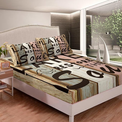 Lake Theme Kids Fitted Sheet Twin Size,Outdoor Adventure Camping Lake House Fishing Bedding Set,Boys Girls Room Decor,Retro Woode Plank Rustic Bed Cover,Brown Bed Sheet,1 Pillowcase(No Top Sheet)