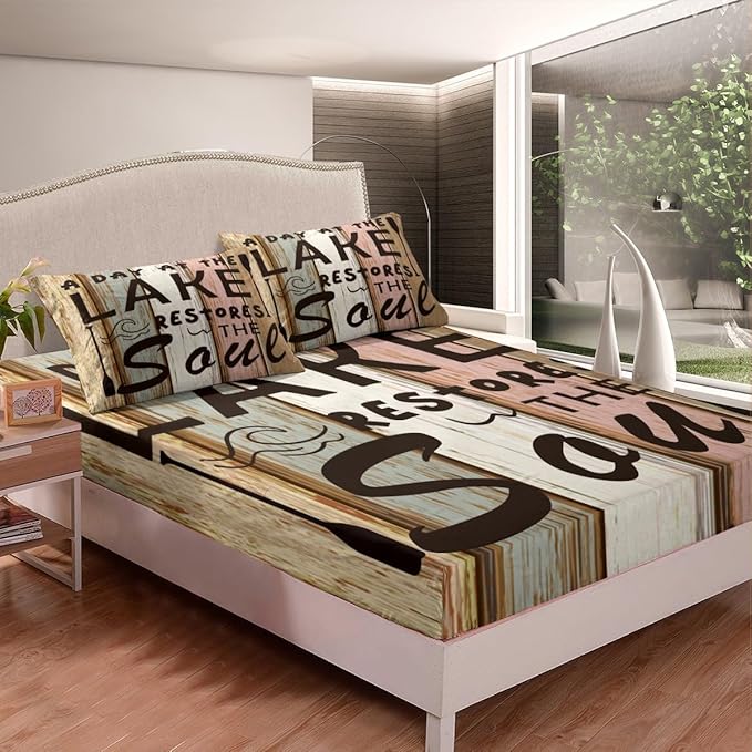 Lake Theme Kids Fitted Sheet Queen Size,Outdoor Adventure Camping Lake House Fishing Bedding Set,Boys Girls Room Decor,Retro Woode Plank Rustic Bed Cover,Brown Bed Sheet,2 Pillowcases(No Top Sheet)