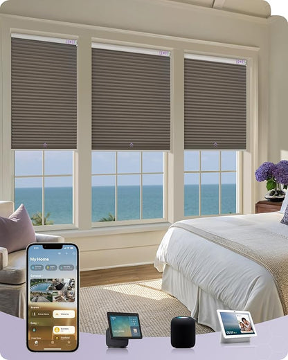 Graywind Motorized Matter Cellular Shades- 100% Blackout 1-3/4"Cell Honeycomb Blinds for Indoor Windows, Compatible with Alexa Google Siri, Custom Size, Coffee