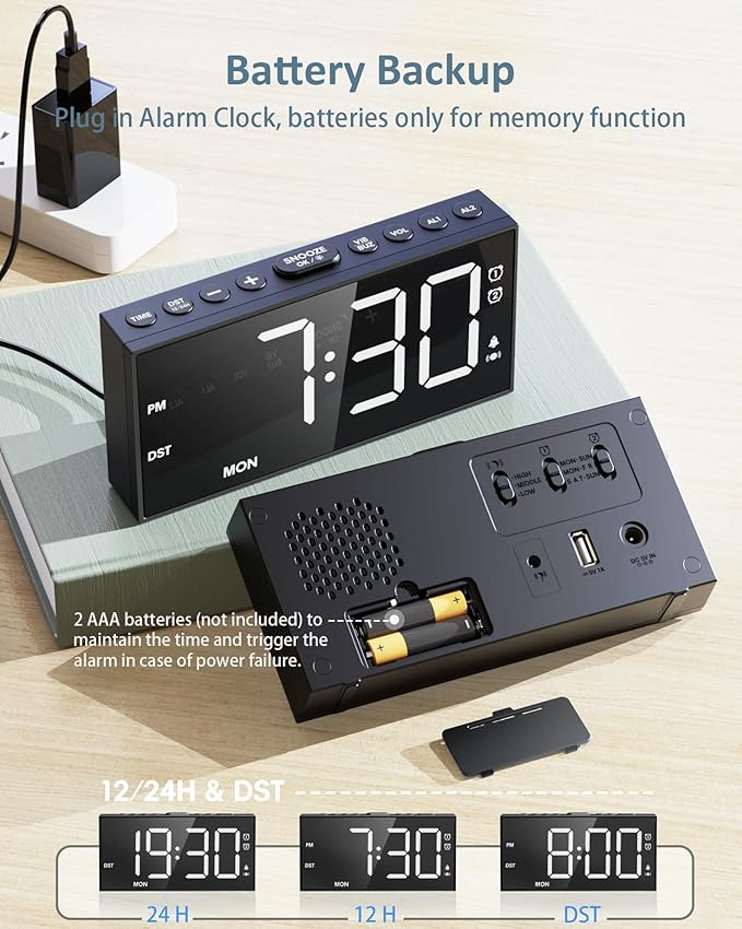 Roxicosly Vibrating Alarm Clock with Bed Shaker for Heavy Sleepers, 3-Level Vibration, Dual Alarms with Weekday & Weekend Mode, Large Digits, Dimmer, Snooze, USB Charger, Battery Backup