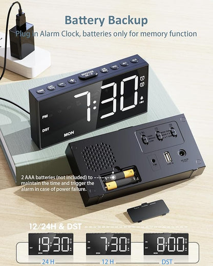 Roxicosly Vibrating Alarm Clock with Bed Shaker for Heavy Sleepers, 3-Level Vibration, Dual Alarms with Weekday & Weekend Mode, Large Digits, Dimmer, Snooze, USB Charger, Battery Backup