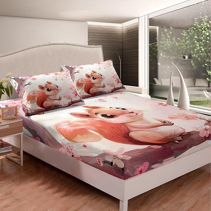 Lovely Squirrel Kids Fitted Sheet Full Size,Japanese Ukiyo-e Cherry Blossom Bedding Set,Girls Women Room Decor,Cartoon Jungle Animal Rustic Bed Cover,Brown Pink Bed Sheet,2 Pillowcases