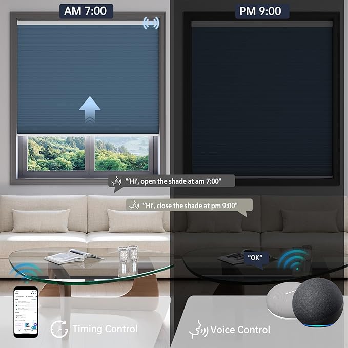 Motorized Cellular Shades with Remote, Blackout Smart Cellular Shades Compatible with Alexa, Cordless Honeycomb Window Blinds for Bedroom Home Office, Custom Size, Blackout Blue
