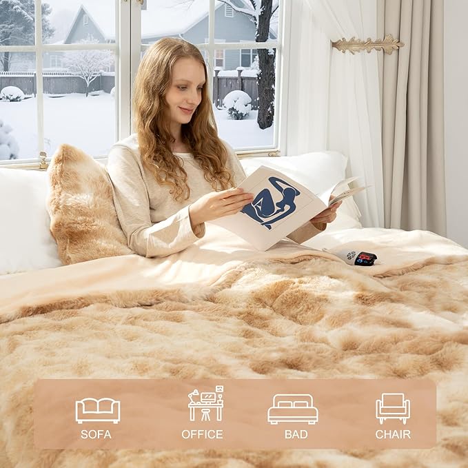 Faux Fur Electric Blanket Twin Size 62"X84" - Bubble Heated Blanket Fluffy Soft Fuzzy with 6 Fast Heating Levels & 10 hrs Timer Settings, Washable & ETL Certified for Office Bed, Tie-Dye Beige