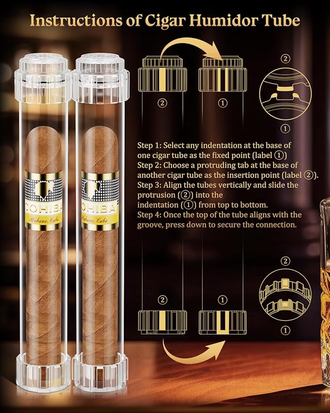 Cigar Humidor Tubes, Travel Humidifier Tube, Acrylic Storage Case with Cigar Holder, Detachable Airtight Triple Tube, Cigar Gift for Men, Ring Guage up to 57