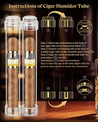 Cigar Humidor Tubes, Travel Humidifier Tube, Acrylic Storage Case with Cigar Holder, Detachable Airtight Triple Tube, Cigar Gift for Men, Ring Guage up to 57