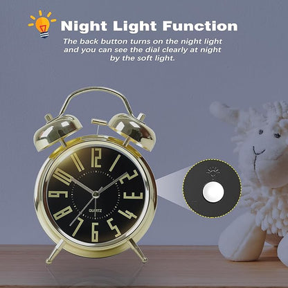 Super Loud Alarm Clock for Heavy Sleepers Adults,Twin Bell Retro 4 Inch Silent Non-Ticking Quartz with Backlight, Metal dial, Alarm Clocks for Bedrooms Bedside(Gold- Black)