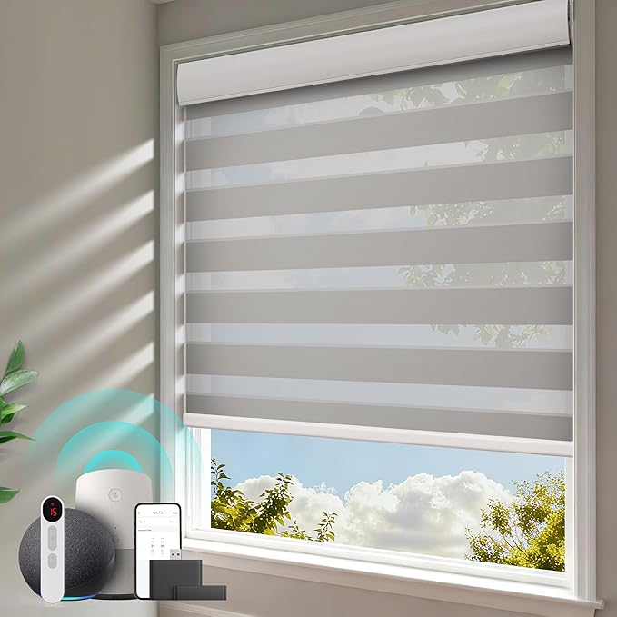 Motorized Blinds with Integral Valance Zebra Blinds Upgraded Smart Blind Custom Size Automatic Blindsfor Windows Remote Control Electric Zebra Shades Alexa/Google,Gray, 29''Wx72''H