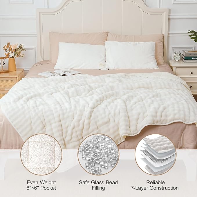 Cottonblue Weighted Blanket 15lbs Bubble Faux Fur Plush Sherpa Weighted Blankets for Adults, Fits Twin/Full Size Bed, Cute Fuzzy Warm Heavy Blanket for Calm and Better Sleep, 48"x72", Cream White