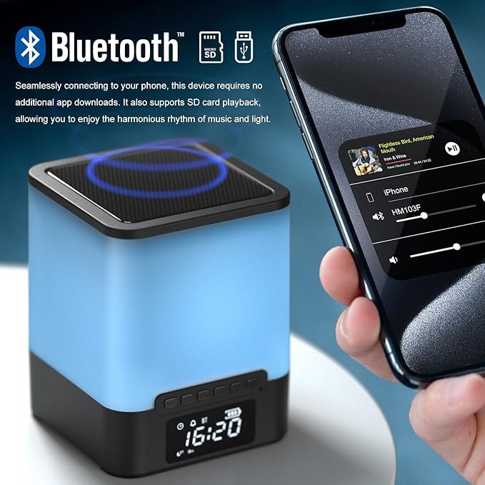 winshine Alarm Clock for Bedroom, RGB Night Light Bluetooth Speaker with Music Rhythms, Wake-up Alarm Clock with Sound and Light, 12 or 24 Hr AutoOff Touch Control, Gift for Teens Girls or Boys, Black