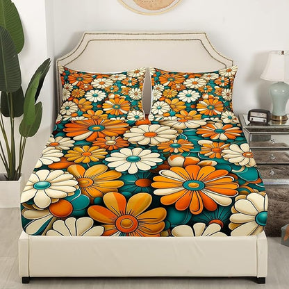 Vintage Flowers Groovy Fitted Sheet Full Size,70s 80s Daisy Floral Hip-hop Retro Bedding Set,Boys Girls Room Decor,Boho Exotic Hippie Psychedelic Bed Cover,Artwork Bed Sheet,2 Pillowcases
