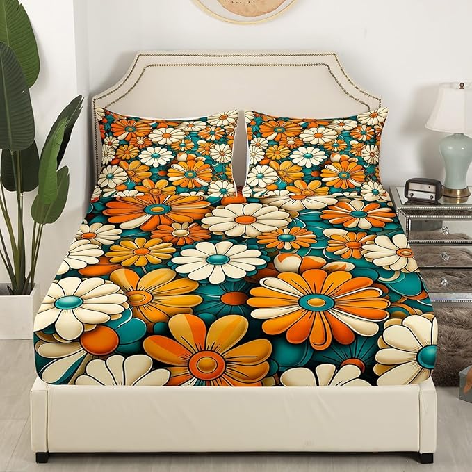 Vintage Flowers Groovy Fitted Sheet Queen Size,70s 80s Daisy Floral Hip-hop Retro Bedding Set,Boys Girls Room Decor,Boho Exotic Hippie Psychedelic Bed Cover,Artwork Bed Sheet,2 Pillowcases