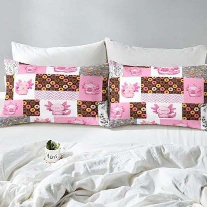 Pink Axolotl Fitted Sheet Full Size,Sweet Donut Summer Candy Pattern Bedding All-Round Elastic Pocket,Cute Undersea Animal Pink Patchwork Bed Sheet 3 Pieces Fits Mattress(No Flat Sheet)