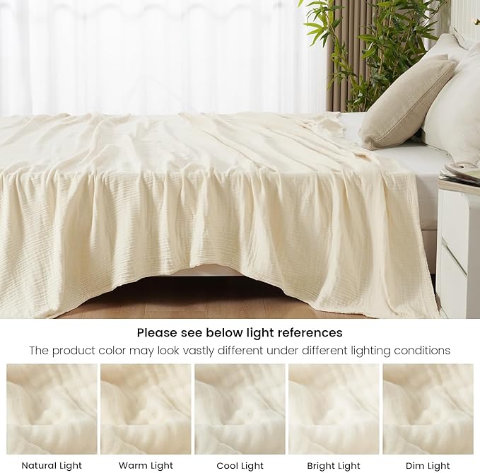 PHF Cooling Muslin King Blanket for Hot Sleepers, 60% Rayon Derived from Bamboo, 40% Cotton for Summer, 4-Layer Breathable Gauze Blanketfor Bed Couch, 108"x90", Natural/Shortbread