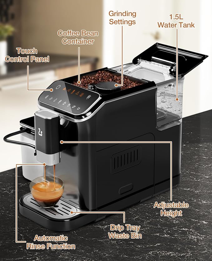 Fully Automatic Espresso Machine, Espresso & Coffee Machine with Automatic Milk Frother, Built-In & Adjustable Espresso Bean Grinder, Touch Screen Coffee Machine with 1.5 L Water Tank