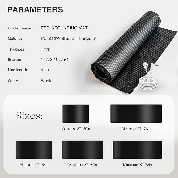 Grounding Mat for Bed, Grounded Pad for Sleep, Anti-Slip PU Leather Grounded Mat with Grounding Cord (27''×54'', Full)
